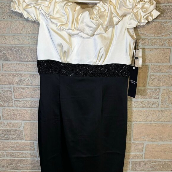NWT Chetta B Evening Formal Cocktail Holiday Dress Ivry Ruffles/Black Size 4 - Picture 7 of 9